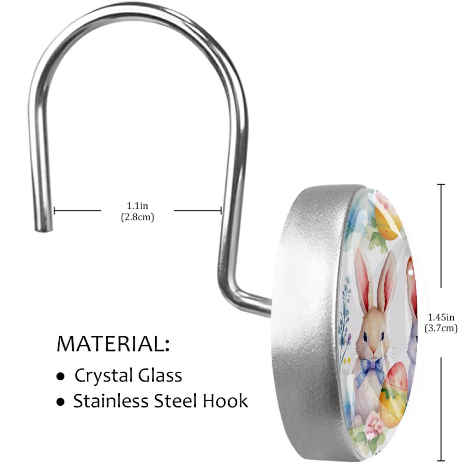 Cute Rabbits Easter Eggs Shower Curtain Hooks Round Crystal Glass, Set of 12 Shower Curtain Rings - Shower Hooks for Curtain Shower Rings