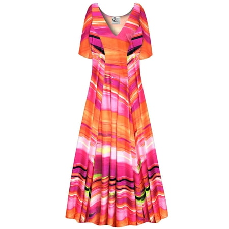 Large Petite Womens Dress Orange Spring Song Designer Print Short Sleeve Low V-Neck Princess Cut