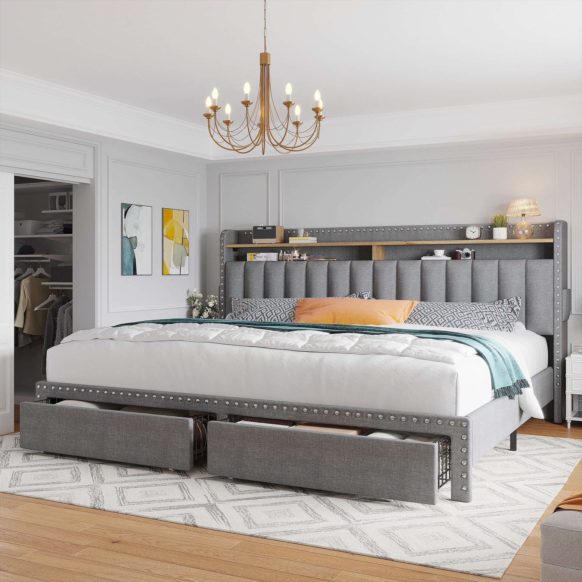 EnHomee Upholstered King Size Bed Frame with Headboard and Storage, Sturdy King Bed Frame with 2 Drawers, NO Noise,No Box Spring Needed,Grey