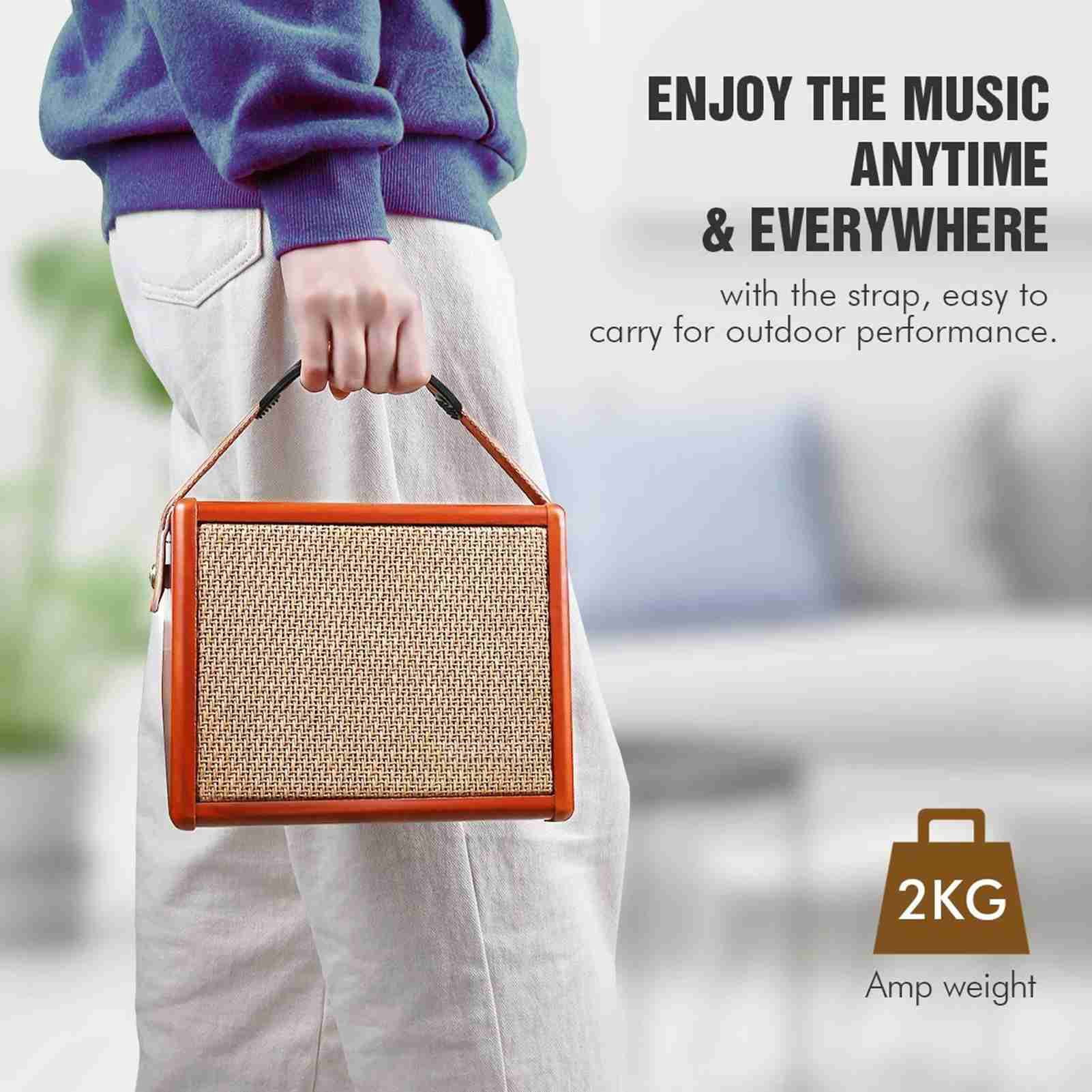 Elowen guitar acoustic Guitar ammoon AC-15 15W Portable Acoustic Guitar Amplifier Amp BT Speaker with Microphone Input Supports Volume Bass Treble Control Reverb Effect Built-in Rechargeable Battery