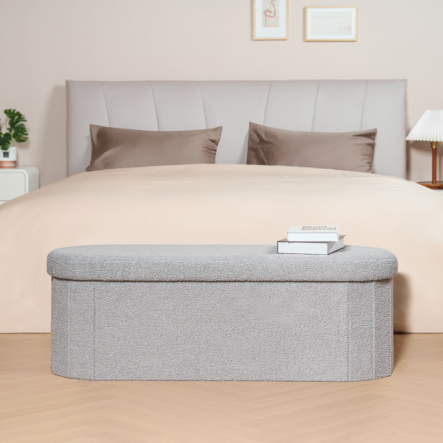 PINPLUS Storage Ottoman Bench Tufted Oval Ottoman Bench Foot Rest Velvet Bench with Storage 43" Grey