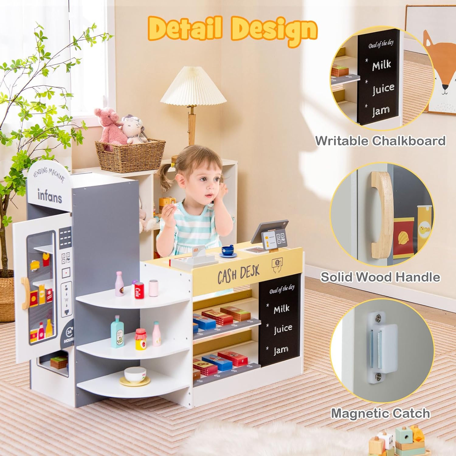 OLAKIDS Kids Grocery Store Playset, Wooden Supermarket Toy Set with Cash Register, Vending Machine, Play Food Accessories, Blackboard, Pretend Play Store Gift for Toddler Boys Girls (Grey)