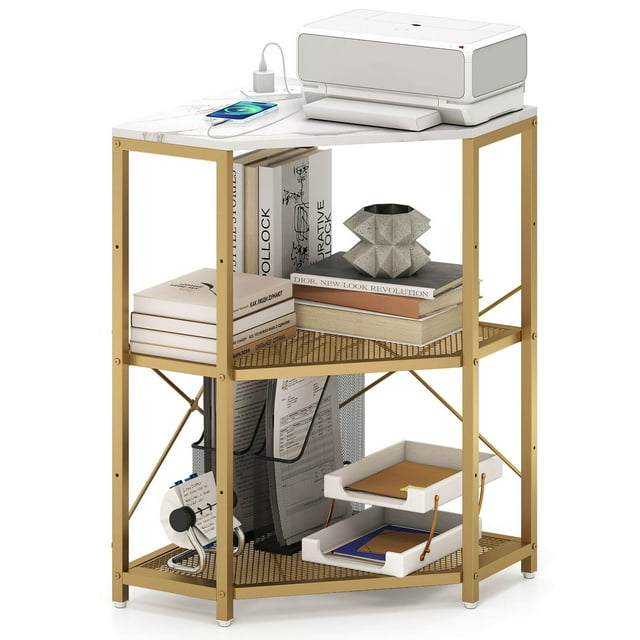 Costway Corner Printer Stand with Charging Station Adjustable Metal Mesh Shelf White