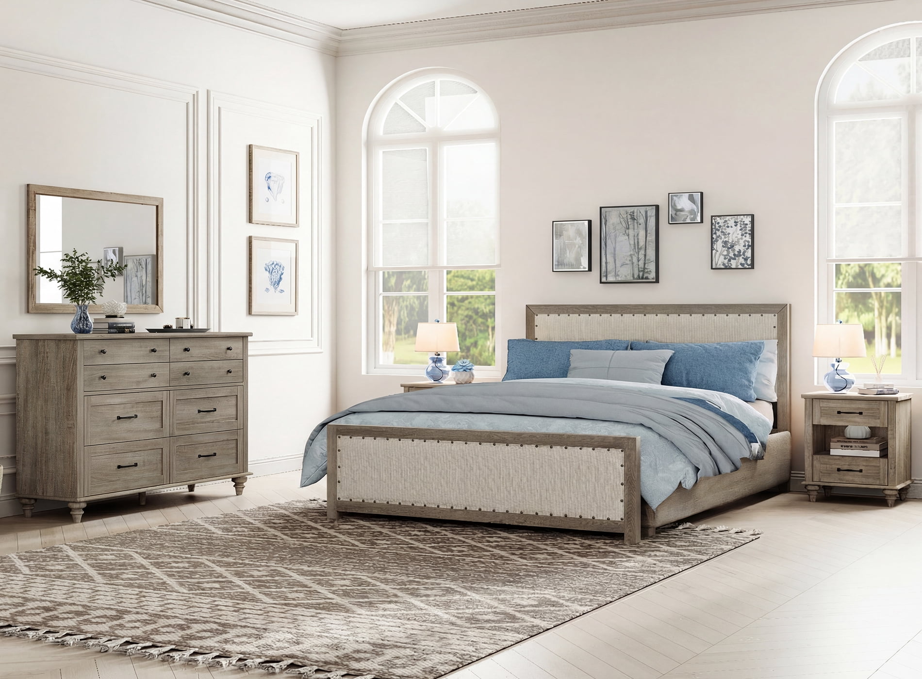 3 Piece Dresser and Nightstand Sets, Farmhouse Dresser with 8 Drawers, Set of 2 Night Stands with Drawer & Shelf, 3 Piece Bedroom Set, Grey