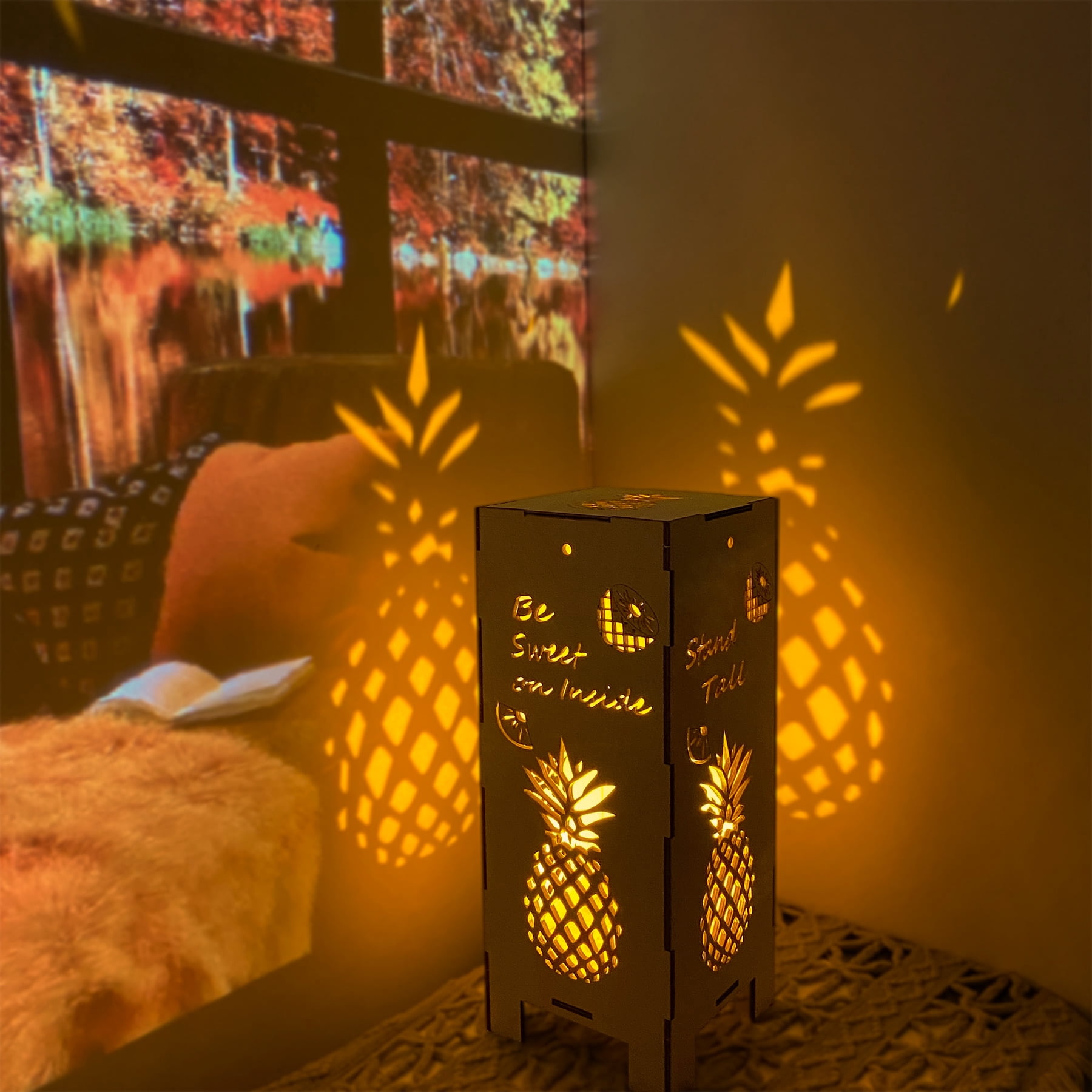 Jamjam Wood Pineapple Lamp-Pineapple Night Light Projection For Living Room, Vintage Pineapple Lantern Bedside, Pineapple Mood Lighting Projection For Home Decor, Side Light Fixture Lamp