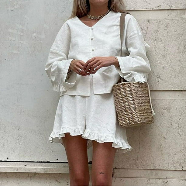 Conjunto de pantalones cortos de manga larga para mujer con cuello en V y un solo pecho para uso diario Hugtrwg Para estrenar