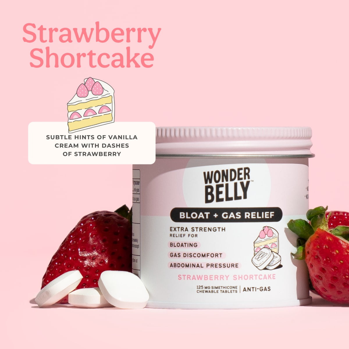 Wonderbelly Bloat and Gas Relief Chewable Tablets, Strawberry Shortcake Flavor, 125 mg, 35 Count