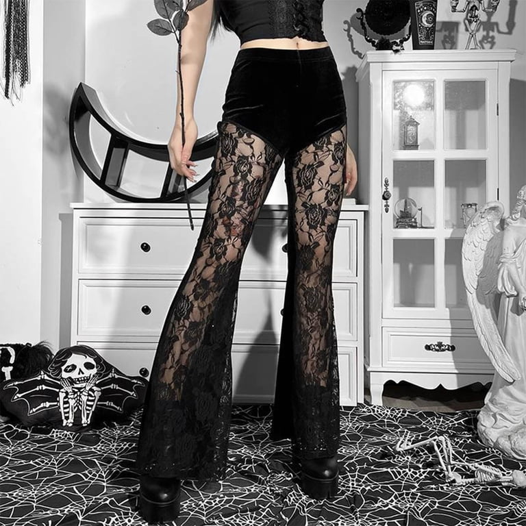 Xysaqa Women Fashion Goth Velvet Flare Pants Cutout Floral Lace