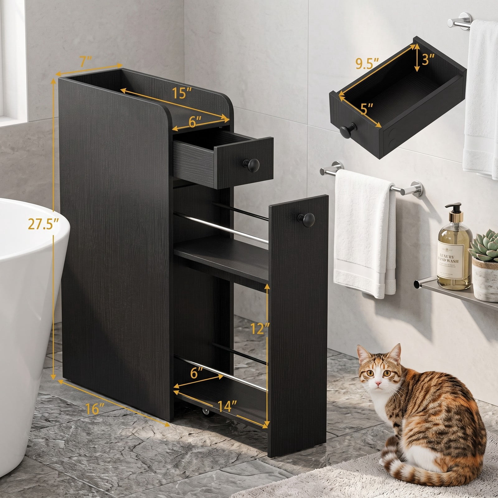 Fenbeli Small Bathroom Storage Cabinet, 4-Tier Slim Narrow Organizer Tower with 3 Slide-Out Drawers on Casters, Freestanding Rolling Storage for Bathroom, Black