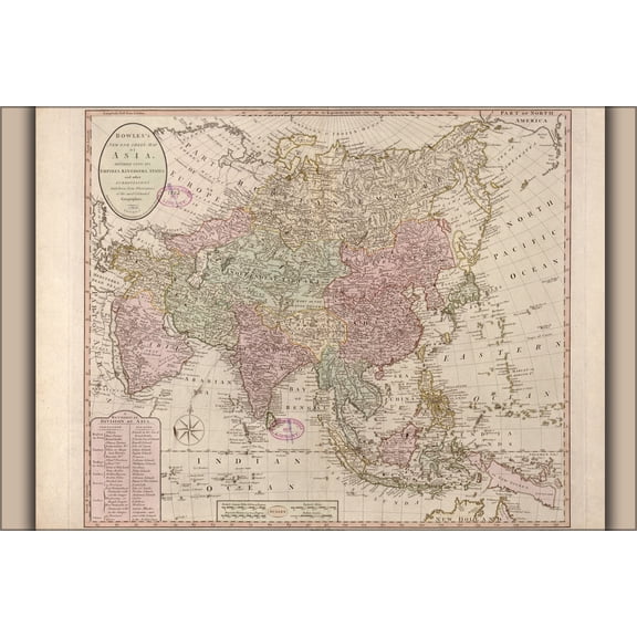24"x36" Gallery Poster, map of asia 1791; india russia china japan