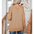 thumbnail image 2 of SWSMCLT Women's Long Sleeve Pullover Sweater Soft Fall Crewneck Knitwear Top Knitted Cold Shoulder Holiday Sexy Casual Khaki Medium, 2 of 5
