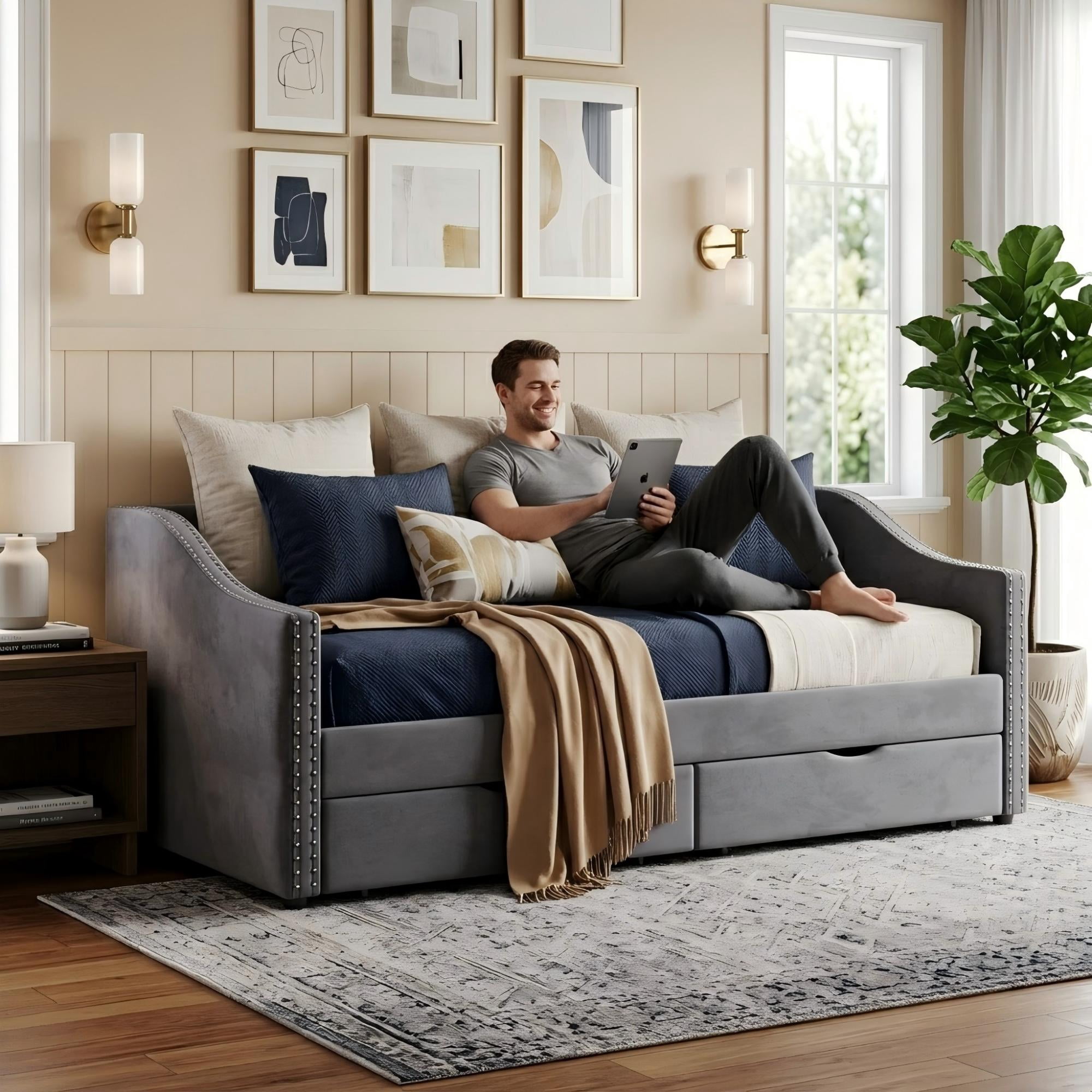 Aukfa Twin Size Upholstered Daybed with 2 Storage Drawers and Charging Station, Velvet Bed Frame with Button-Tufted & Nailhead Trim, Gray