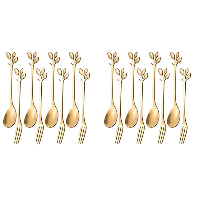 32 Piezas Juego de Cuchara Y Tenedor de Postre Tenedor de Pastel Cuchara de Café Tenedor de Fruta Acero Inoxidable - Oro