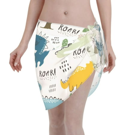 Adobk Women Beach Sarong Bathing Suit Childish Dinosaur Print Wrap Skirt Sheer Bikini Swimsuit Cover Ups For Swimwear