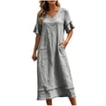 thumbnail image 5 of Admvng Womens Casual Dress Short Sleeve Pockets V Neck Flowy Summer Linen Dress, 5 of 9