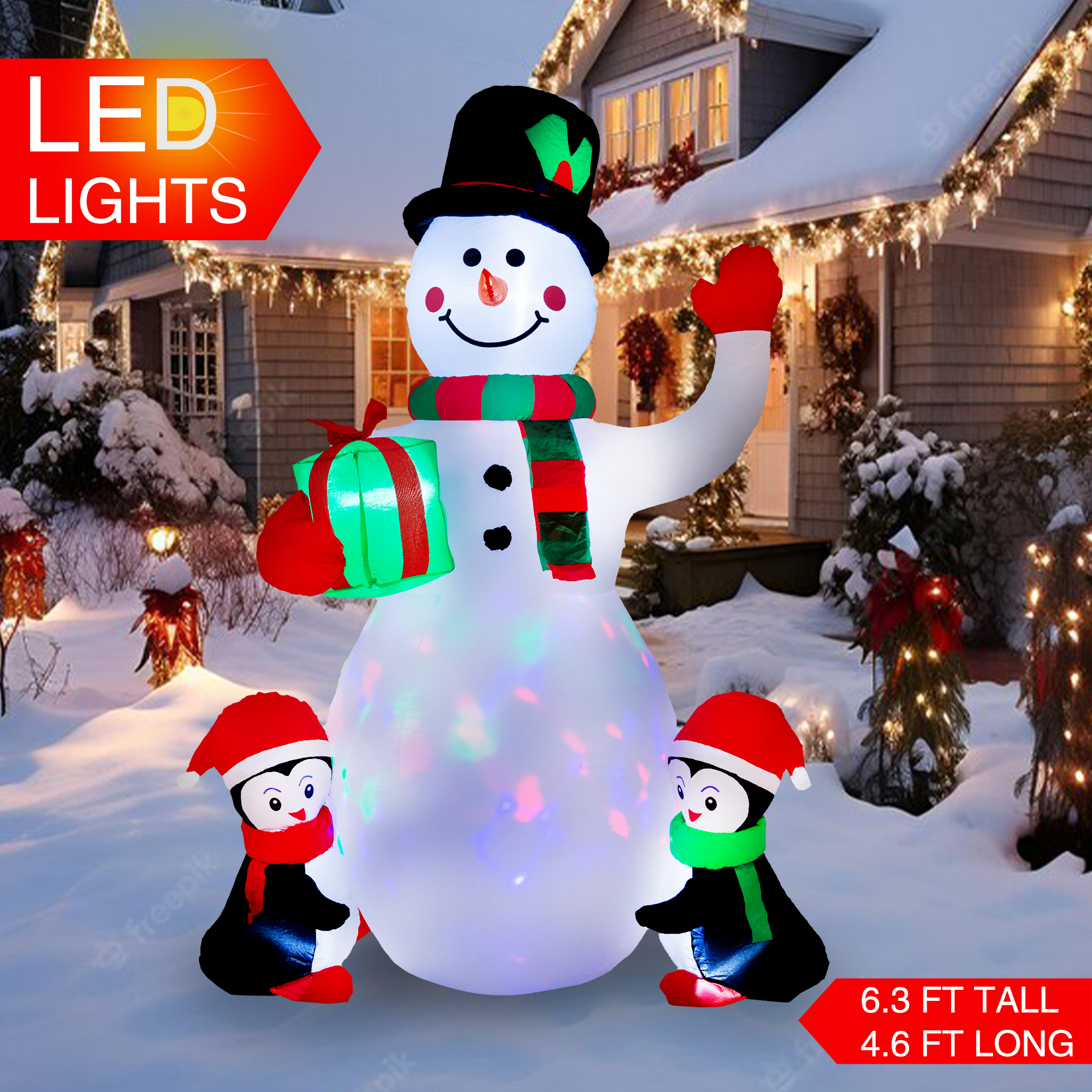 Yexmas 6.3-Foot Inflatable Snowman with Penguins & Rotating Lights photo 8