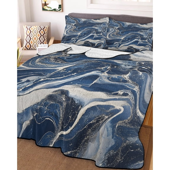 Retro Navy Blue White Twin XL Size Down Alternative Comforter, Lightweight Comforter Quilt Bedding Set with Pillow Shams Marble Abstract Art All Seasons Bed Comforter Duvet Insert 68"x98"