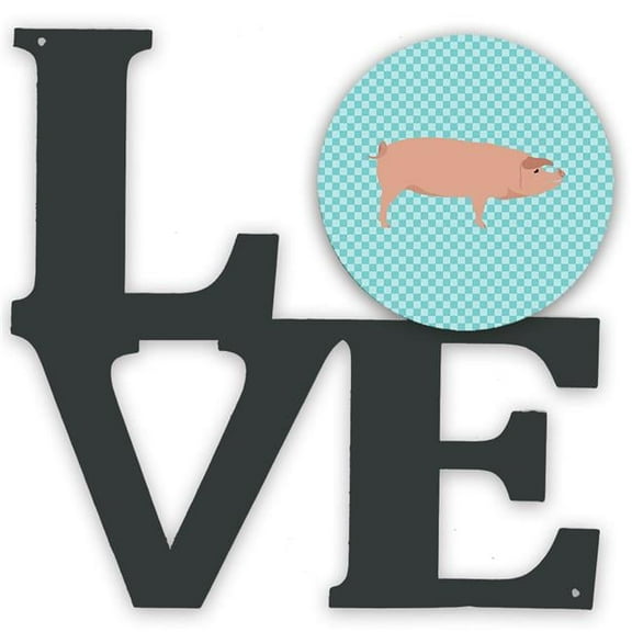 11.5 x 11.75 in. American Landrace Pig Blue Check Metal Artwork Love Wall Decor