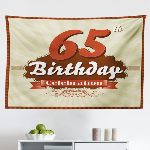 65th Birthday Tapestry, Special Day for 65 Years Old Surprise Balloons in Colorful Design, Fabric Wall Hanging Decor for Bedroom Living Room Dorm, 2 Sizes, Multicolor, by Ambesonne
