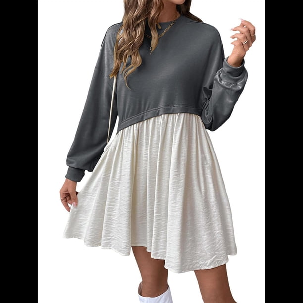 Vestido Corto Informal de Corte A con Cuello Redondo, Larga y Dobladillo con Volantes para Mujer Gris Oscuro M
