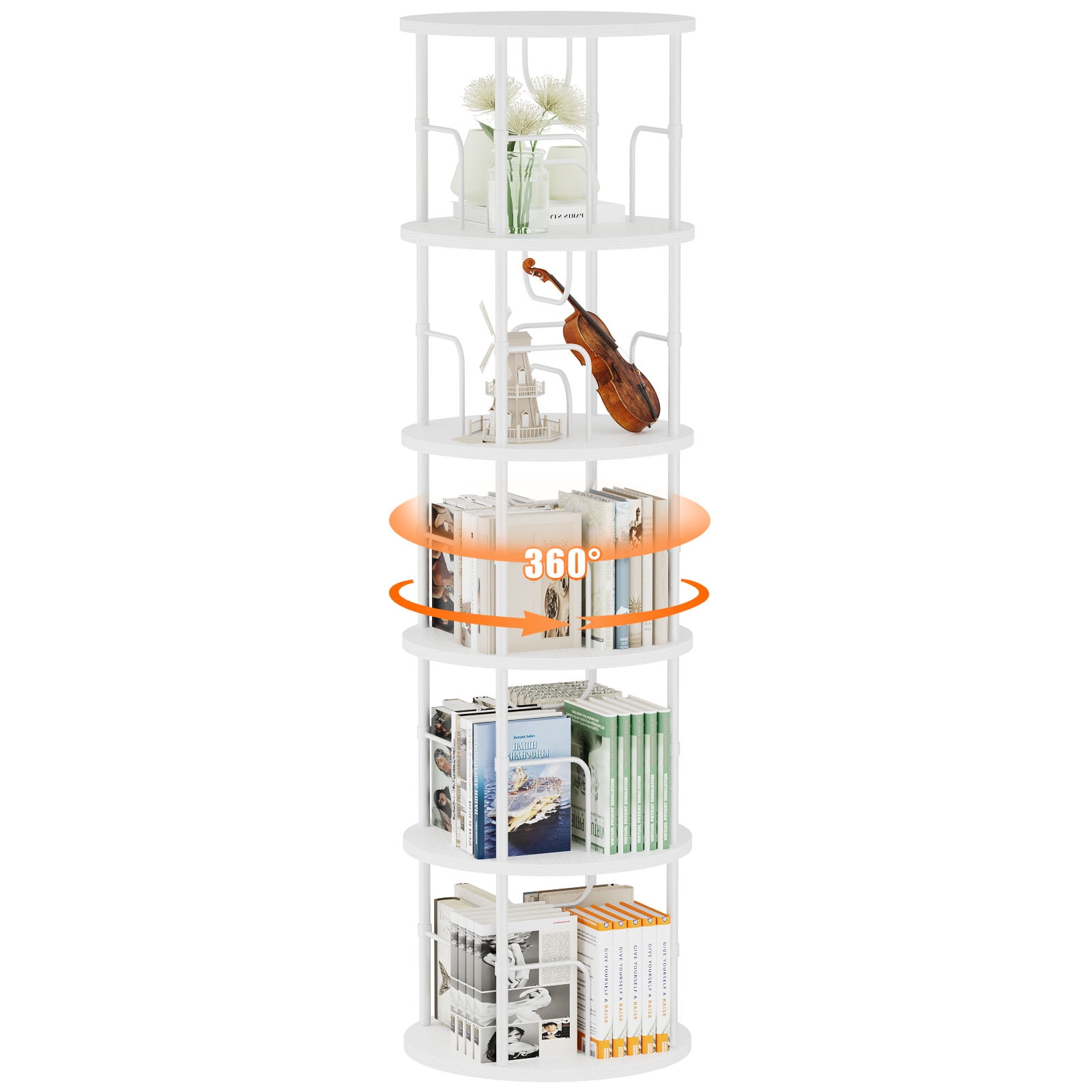 Flycity 5 Tier Rotate Bookcases, 360° Display Corner Shelf Spin Bookcases with Special Visible Partition Storage, White