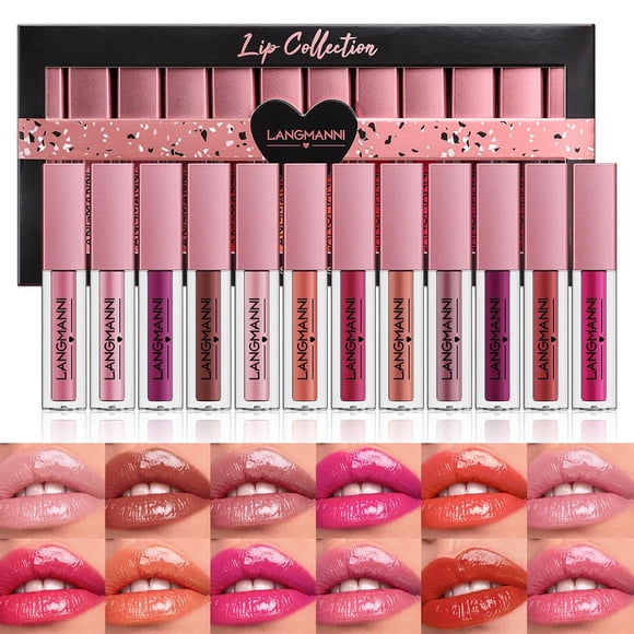 Dulele Juego de 12 pintalabios líquidos acuosos, hidratantes y altamente pigmentados, brillo de labios de colores de larga duración, no se decolora, tinte de labios rosa con caja de regalo