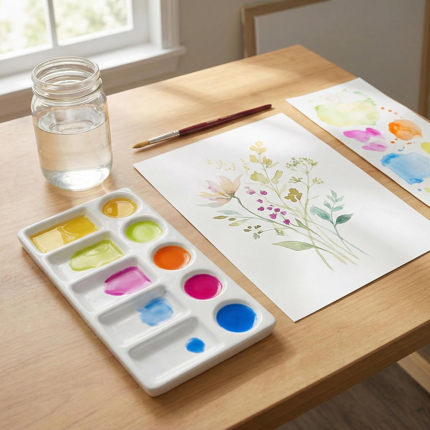 Xlhshop 2-Pack 10-Well Ceramic Paint Palettes, Rectangular Mixing Trays for Watercolor & Acrylic