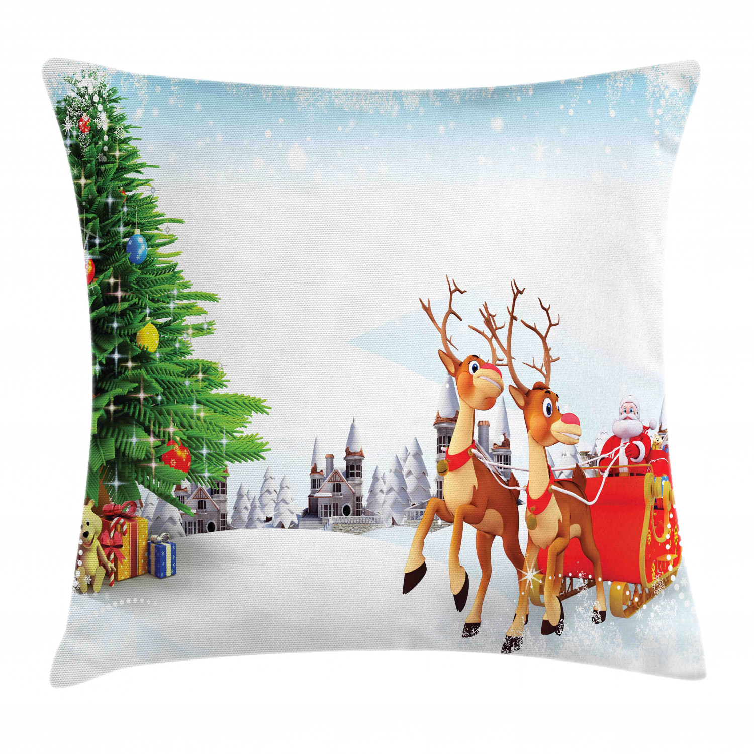 Santa Throw Pillow Cushion Cover, Snow Covered Christmas Village with Cartoon Santa on His Sleigh Big Tree and Boxes, Decorative Square Accent Pillow Case, 18 X 18 Inches, Multicolor, by Ambesonne - image 1 of 2