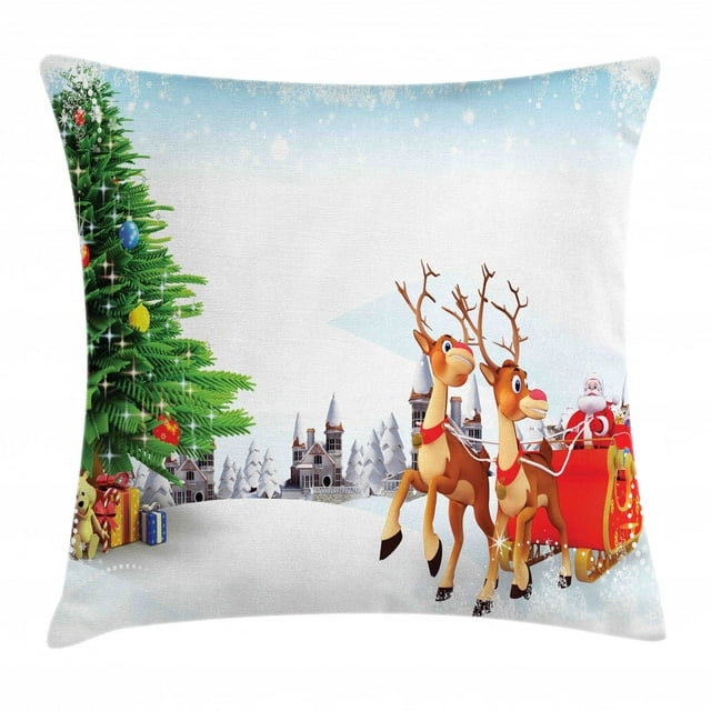 Santa Throw Pillow Cushion Cover, Snow Covered Christmas Village with Cartoon Santa on His Sleigh Big Tree and Boxes, Decorative Square Accent Pillow Case, 18 X 18 Inches, Multicolor, by Ambesonne