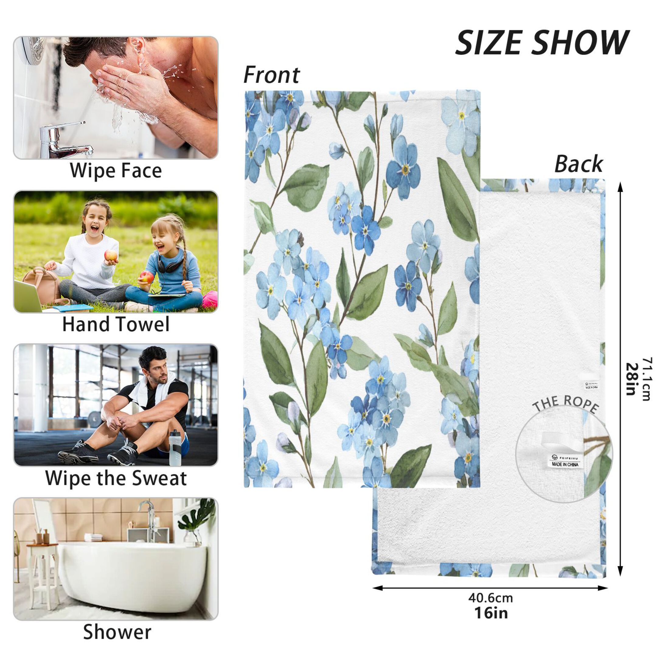 2 Pieces of Cotton Towel Face Towel Set Hand Towel Bath Towel Cotton Bath Towel Sets Beautiful Blue Flowers Cute