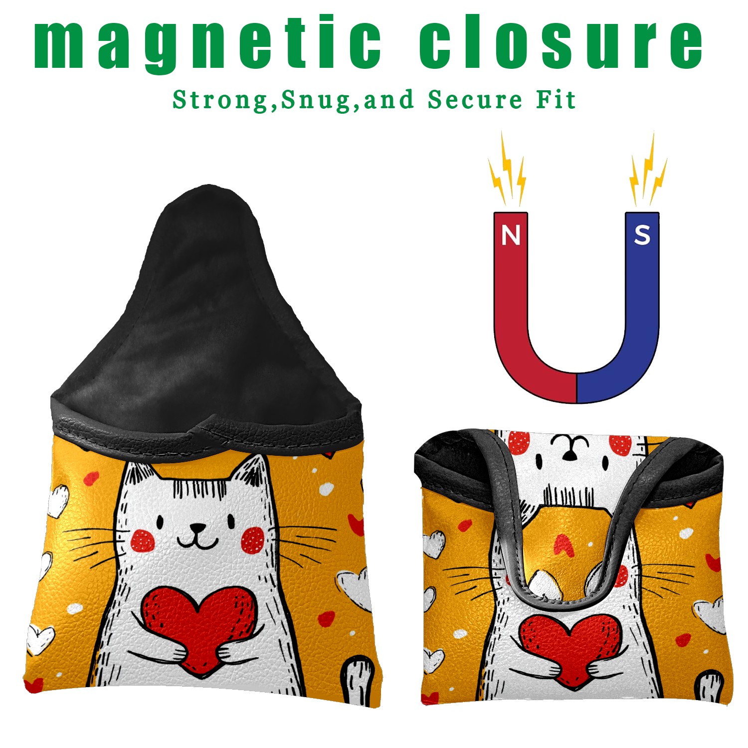Golf Mallet Putter Cover Premium Leather Waterproof Golf Putter Head Cover with Magnetic Closure Hand Drawn Cat Heart