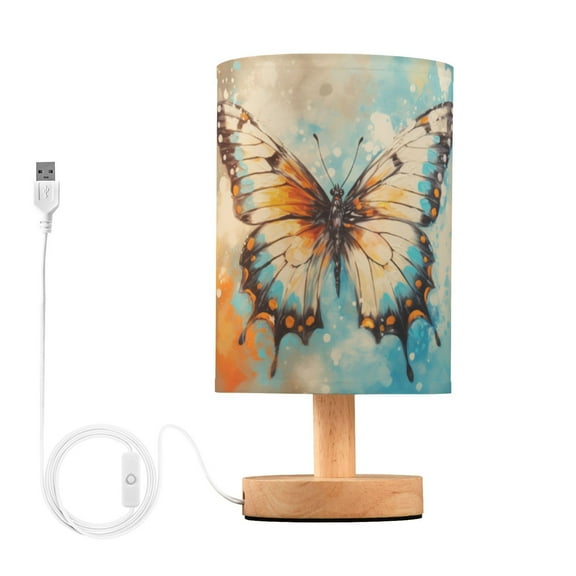 Butterfly Painting Table Lamp USB Bedside Desk Nightstand Lamp Printed Gifts Small Lamp Wood Base for Bedroom Living Room Kids Room College Dorm