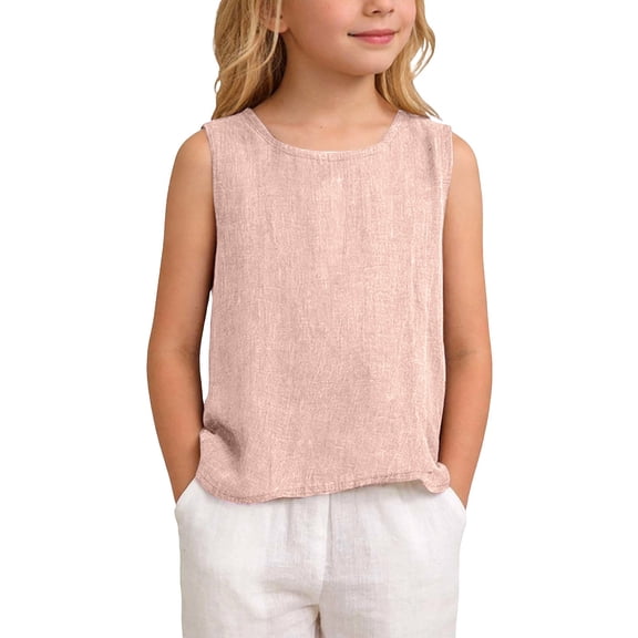 FINALGANG Girls Kids Casual Solid Color Sleeveless Tank Top Crewneck Lightweight Linen Loose Fit Top For Summer Daily Wear Light Pink 5-6 Years