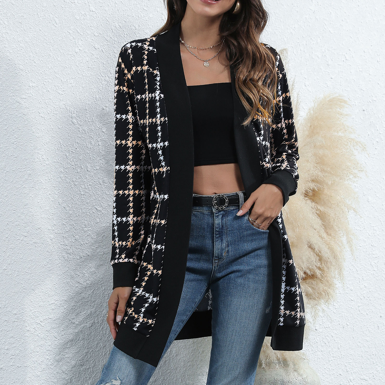 Women Casual Long Sleeve Print Splicing Open Stitch Coat Cardigans Long Outwear Top Casual Cardigan Coat Lightweight for Fall Winter