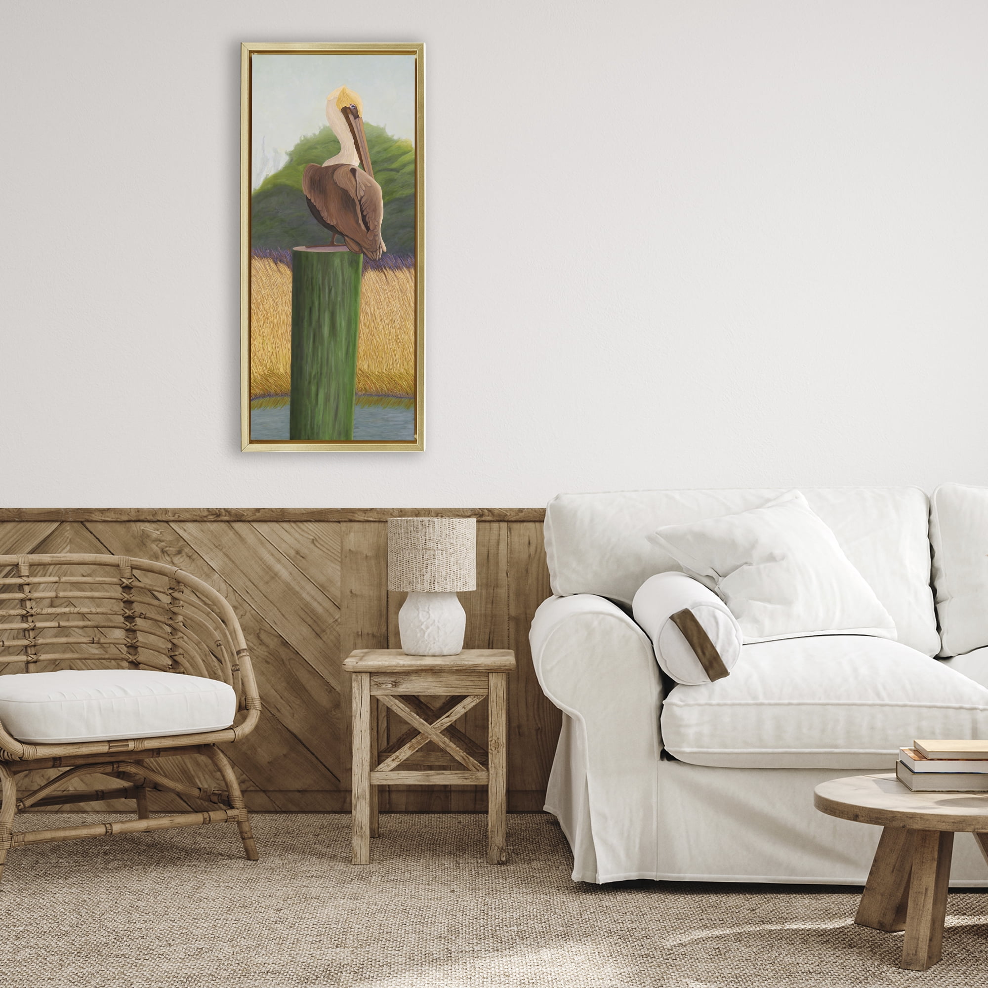 Stupell Industries Pelican with Blue Eyes Gold Framed Floater Canvas Wall Art, design by Barbara Fallenbaum