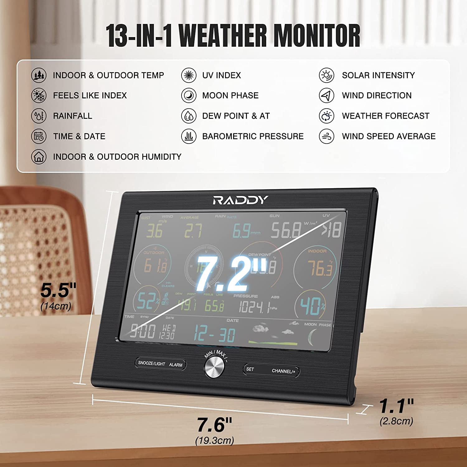 Raddy L7 LoRa Professional Wifi Weather Station | 1.9 Miles Long Range | 7.2" Large Display | Wireless Indoor/Outdoor Weather Station for Garden, Greenhouse, Farm