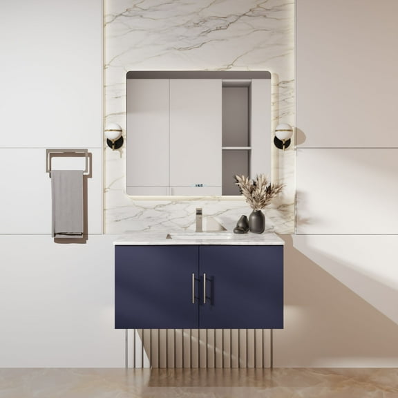 Sonoma 36 in W x 22 in D Navy Blue Single Bath Vanity, Carrara Marble Top and 36 in LED Mirror