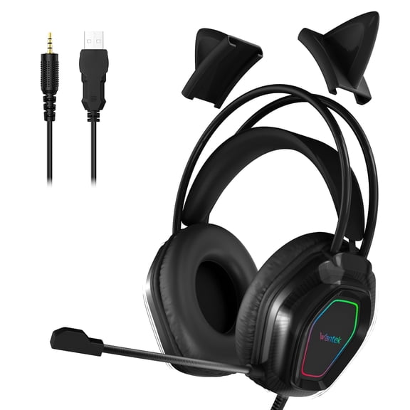 Wantek Gaming Headsets, Surround Stereo Gaming Headphones with Noise Cancelling Mic, LED Lights & Soft Memory Earmuffs for PS5/ PS4/ Xbox One/Nintendo Switch/PC Mac Computer Games- Black