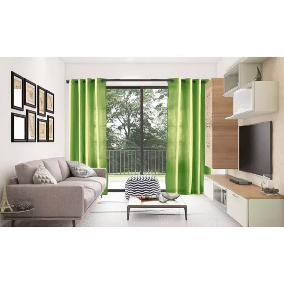 2 PANEL MIRA  SOLID LIME GREEN SEMI SHEER WINDOW FAUX SILK ANTIQUE BRONZE GROMMETS CURTAIN DRAPES 55 WIDE X 108" LENGTH