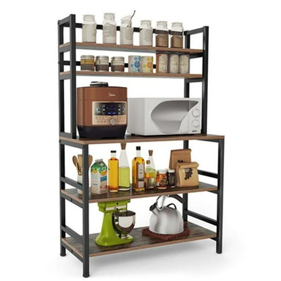 Emoottoo TB-C0176 32 in. Industrial 5-Tier Kitchen Bakers Rack Stand with Hutch, Freestanding Kitchen Utility Storage Organizer with Hooks & Countertop - Rustic Brown