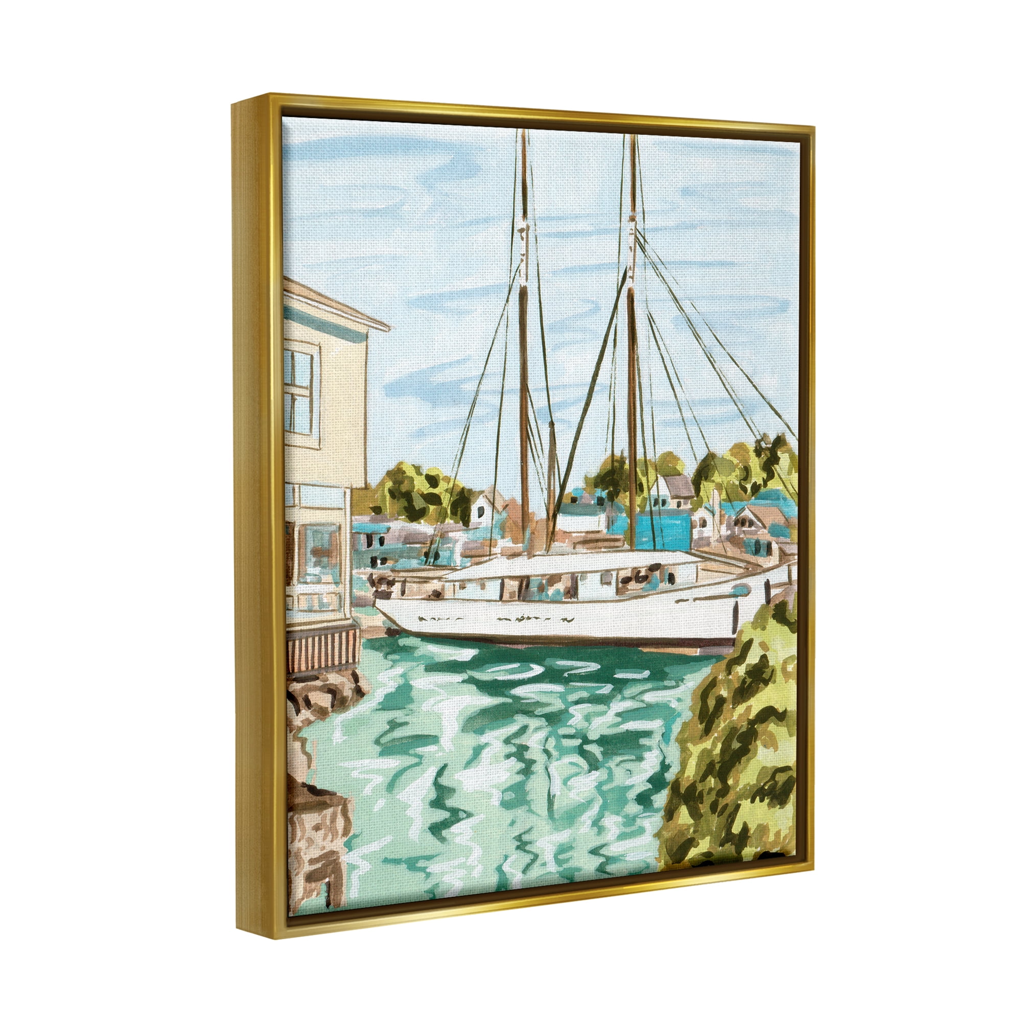 Stupell Industries Coastal Town Marina Transportation Painting Gold Floater Framed Art Print Wall Art, 17 x 21