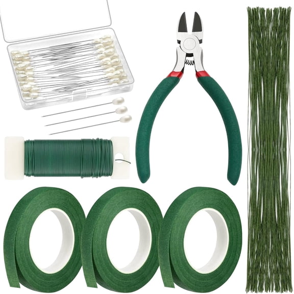 Floral Arrangement Kit with Green Tape and Wire, Boutonniere Flower pin, Wire Cutter for Wreath Making Supplies