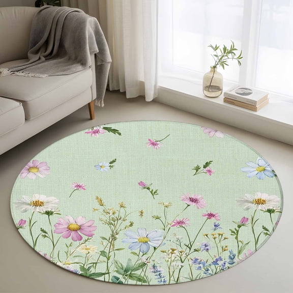 Flower Green Round Area Rug 4 FT, Non Slip Indoor Outdoor Rug, Blue Pink Daisy Wildflower Floral Botanical Washable Soft Circular Carpet Non-Shedding Floor Mat for Coffee Table Nursery Foyer Balcony
