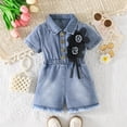 thumbnail image 2 of Bovxnpu Girls Short Sleeve Romper Jean Shorts Denim Jumpsuit Toddler Denim Romper Collar Pearl Floral Shorts, 2 of 6