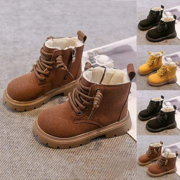 Juebong Girls Faux Fur Lined Winter Warm Boots Fashion Short Combat Boots Non Slip Side Zipper Riding Boots Brown,5.5-6Years