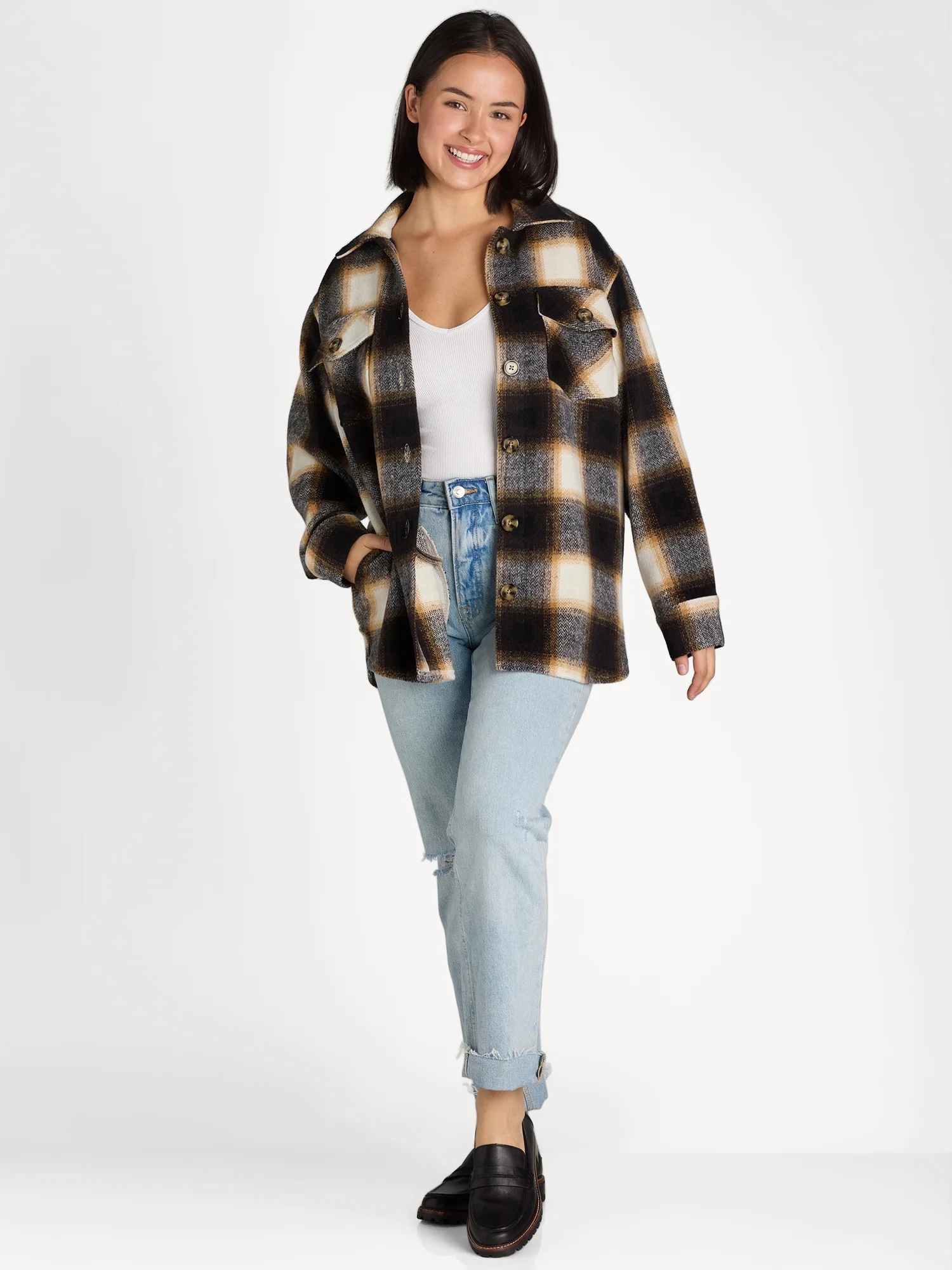 Time and Tru Women's Button Front Shacket, Sizes S-XXXL
