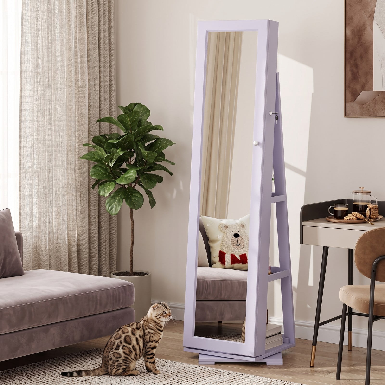 Furnibear 360 Degree Rotatable Freestanding Lockable Jewelry Cabinet with Full-Length Mirror and 100 Earring Slots for Bedroom, Purple