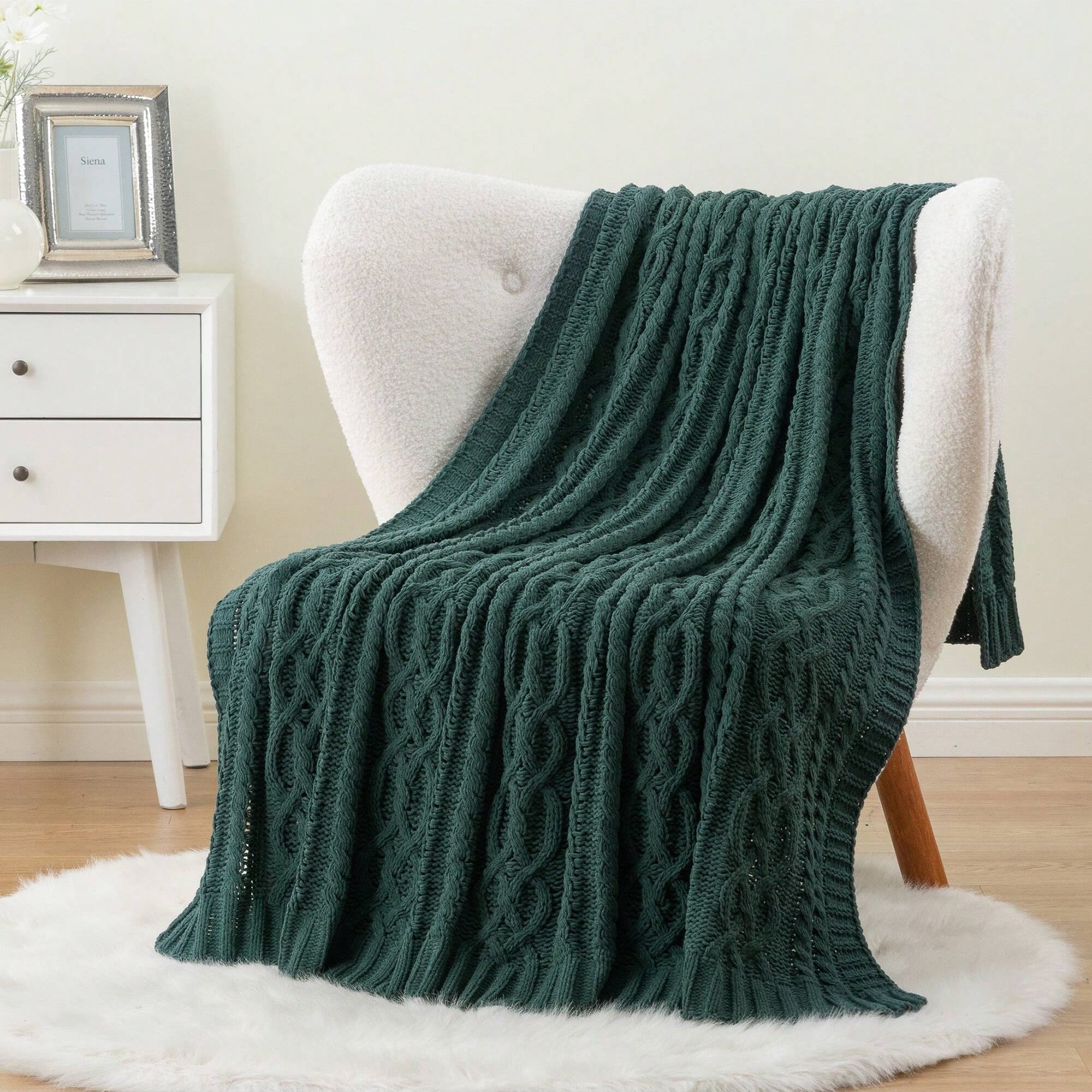 Battilo Dark Green Throw Blanket for Couch,Woven Chenille Knit Throw Blanket,Christmas Decor,51"x67"