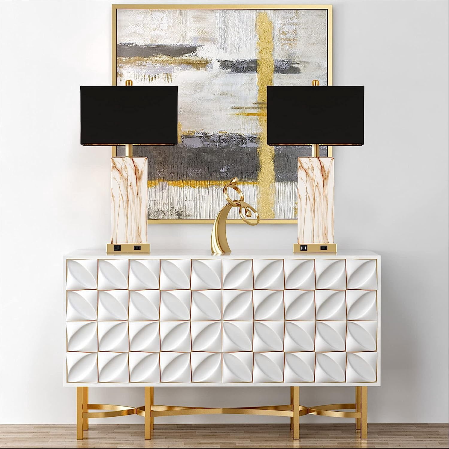 Partphoner Modern Ceramic Touch Control Table Lamp Set of 2 with 2 USB Ports, 3-Way Dimmable