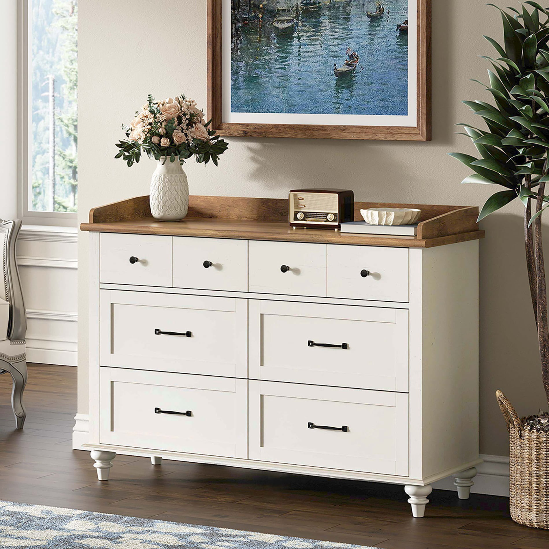 Mid Century Dresser with 6 Drawers, Wooden Kids Dresser for Kids Room Living Room, White